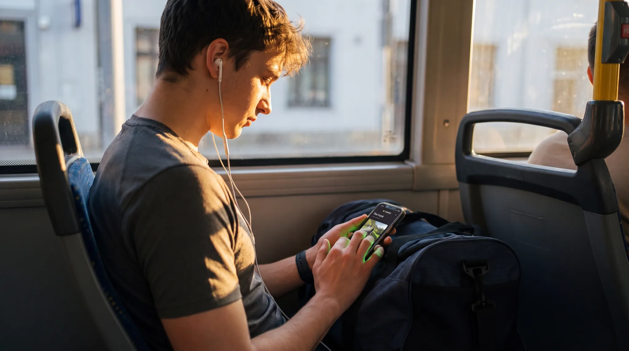 Athlete on the bus scrolling through partners on FiTinder