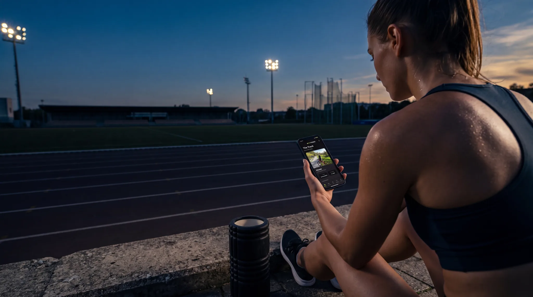 Runner at the track edge swiping through partners nearby