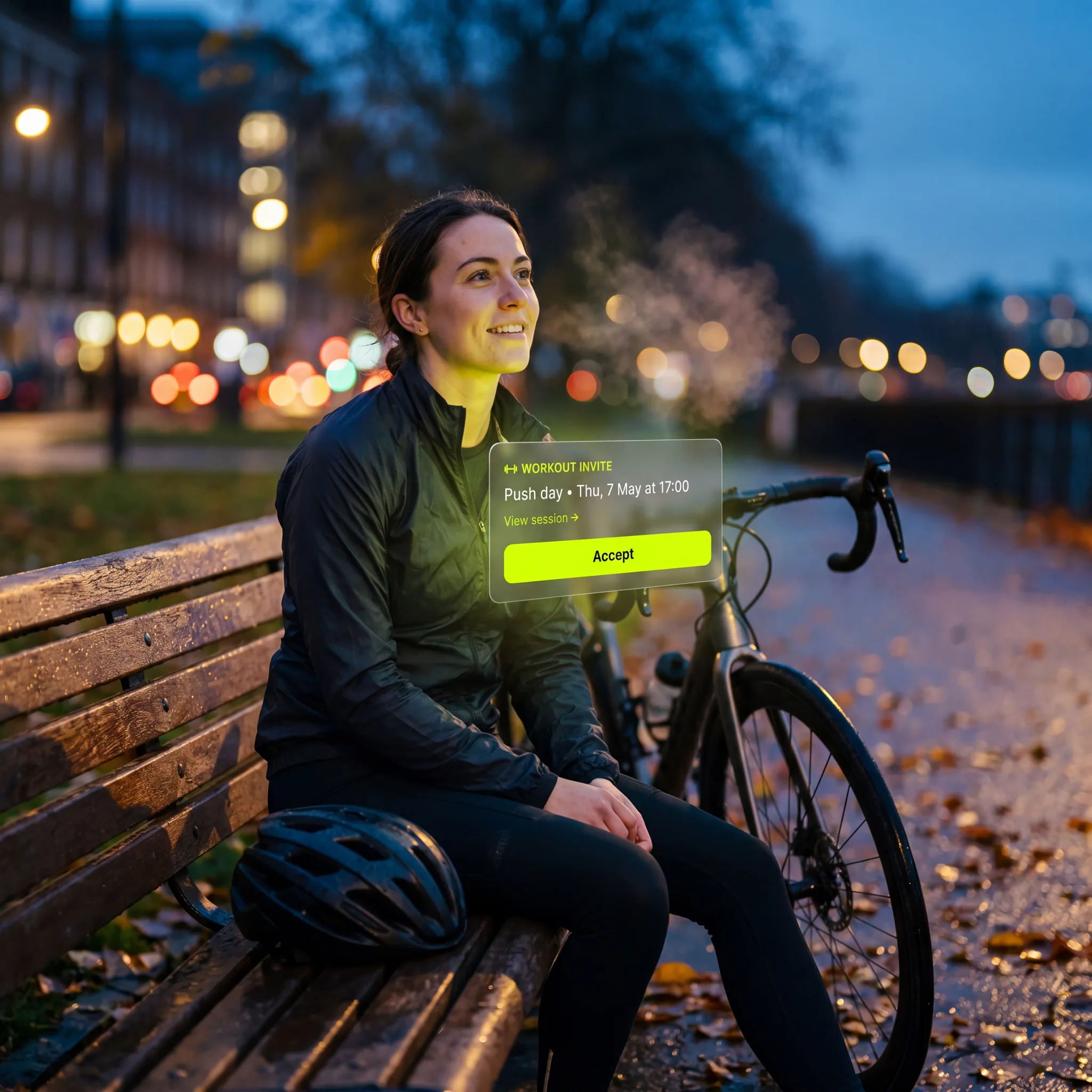 Cyclist at a park bench reviewing the upcoming session
