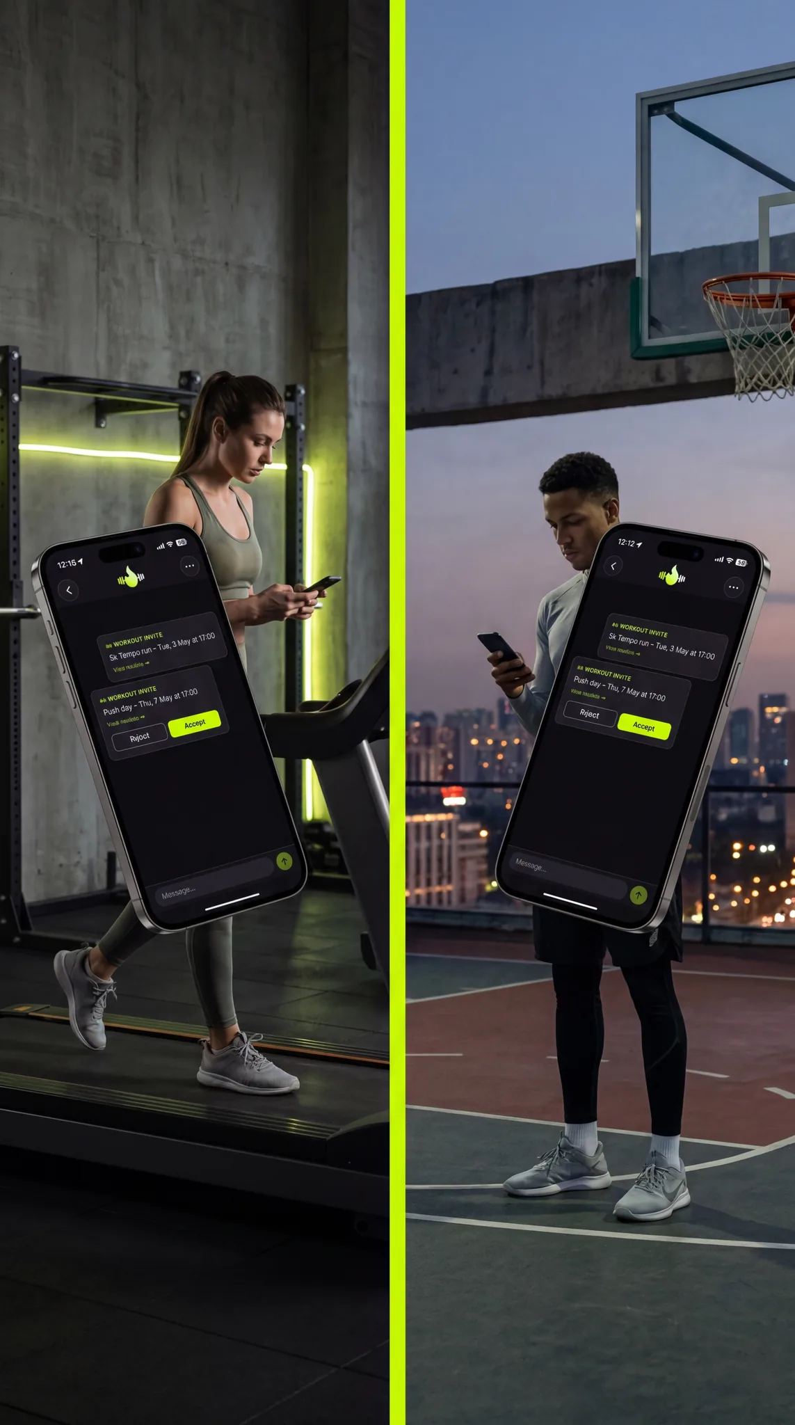 Two athletes in different places matching on FiTinder