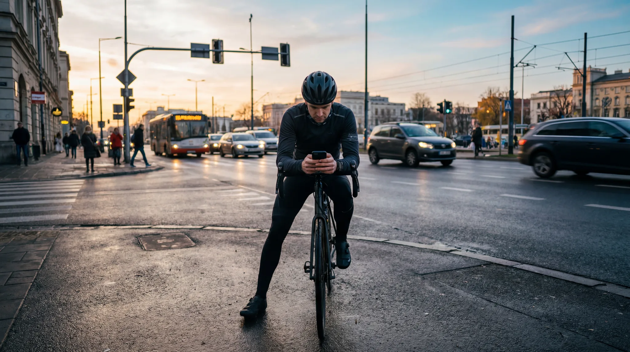 Cyclist at a city intersection checking the map for partners nearby