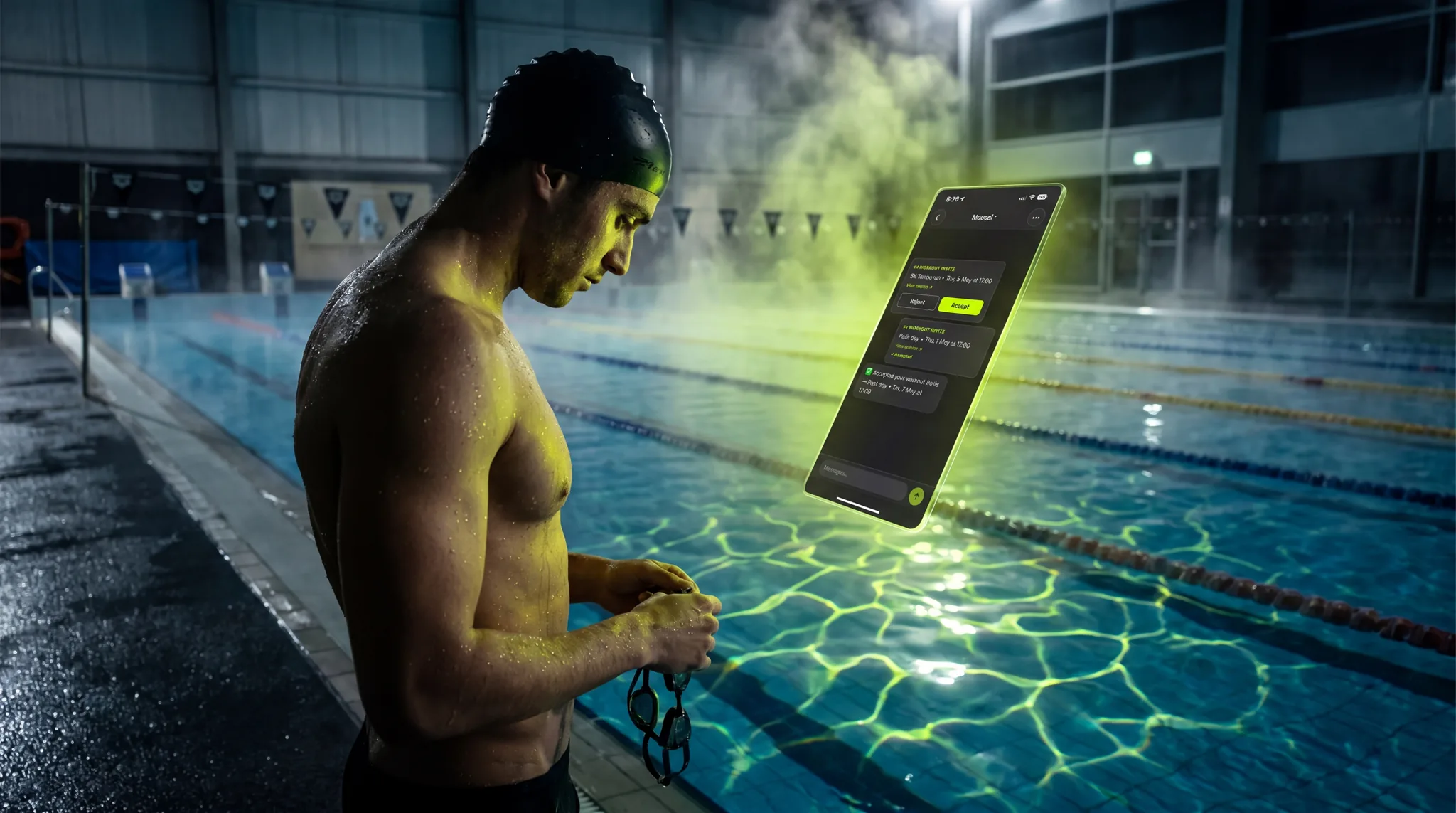 Swimmer at the pool deck checking chat for the next set